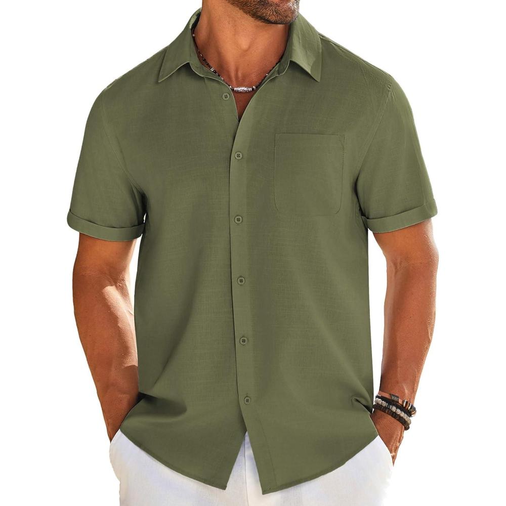 imageCOOFANDY Mens Casual Linen Shirt Short Sleeve Button Down Shirt Summer Beach Shirts with PocketArmy Green
