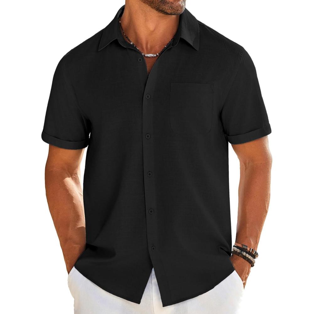 imageCOOFANDY Mens Casual Linen Shirt Short Sleeve Button Down Shirt Summer Beach Shirts with PocketBlack