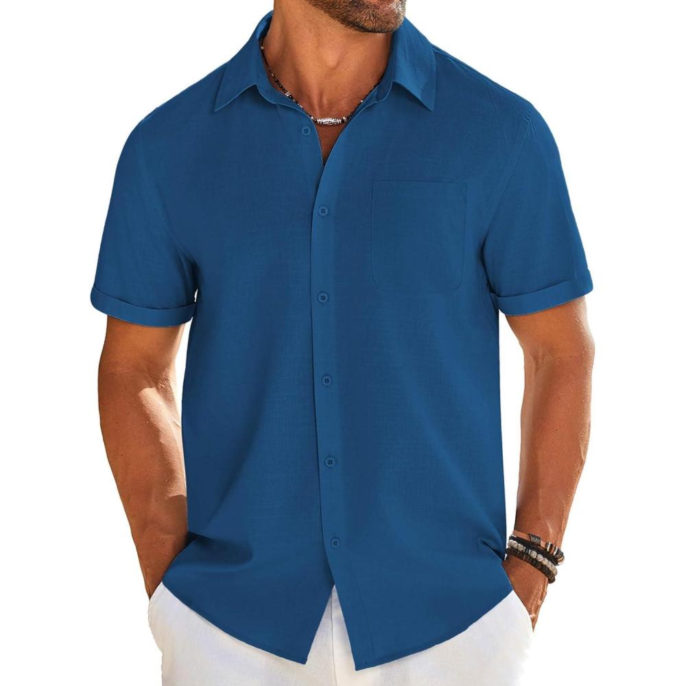 imageCOOFANDY Mens Casual Linen Shirt Short Sleeve Button Down Shirt Summer Beach Shirts with PocketDark Blue