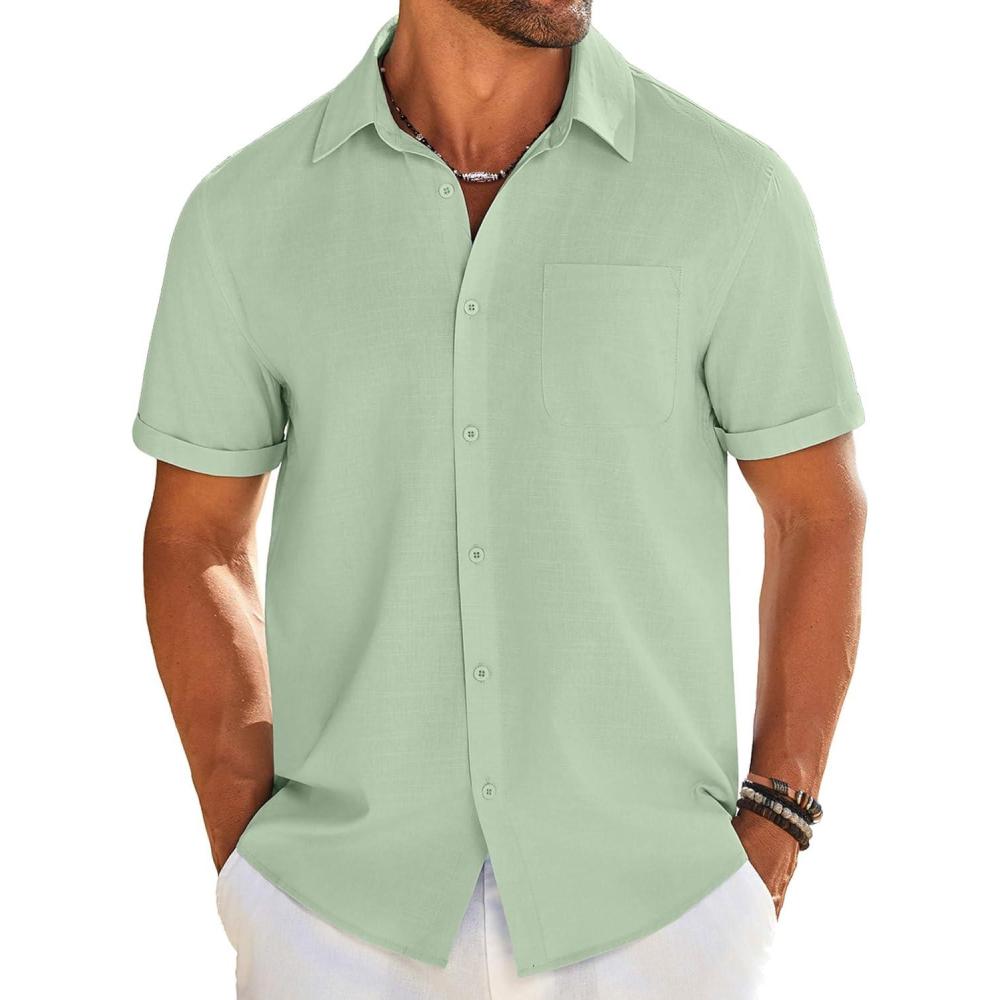imageCOOFANDY Mens Casual Linen Shirt Short Sleeve Button Down Shirt Summer Beach Shirts with PocketLight Green