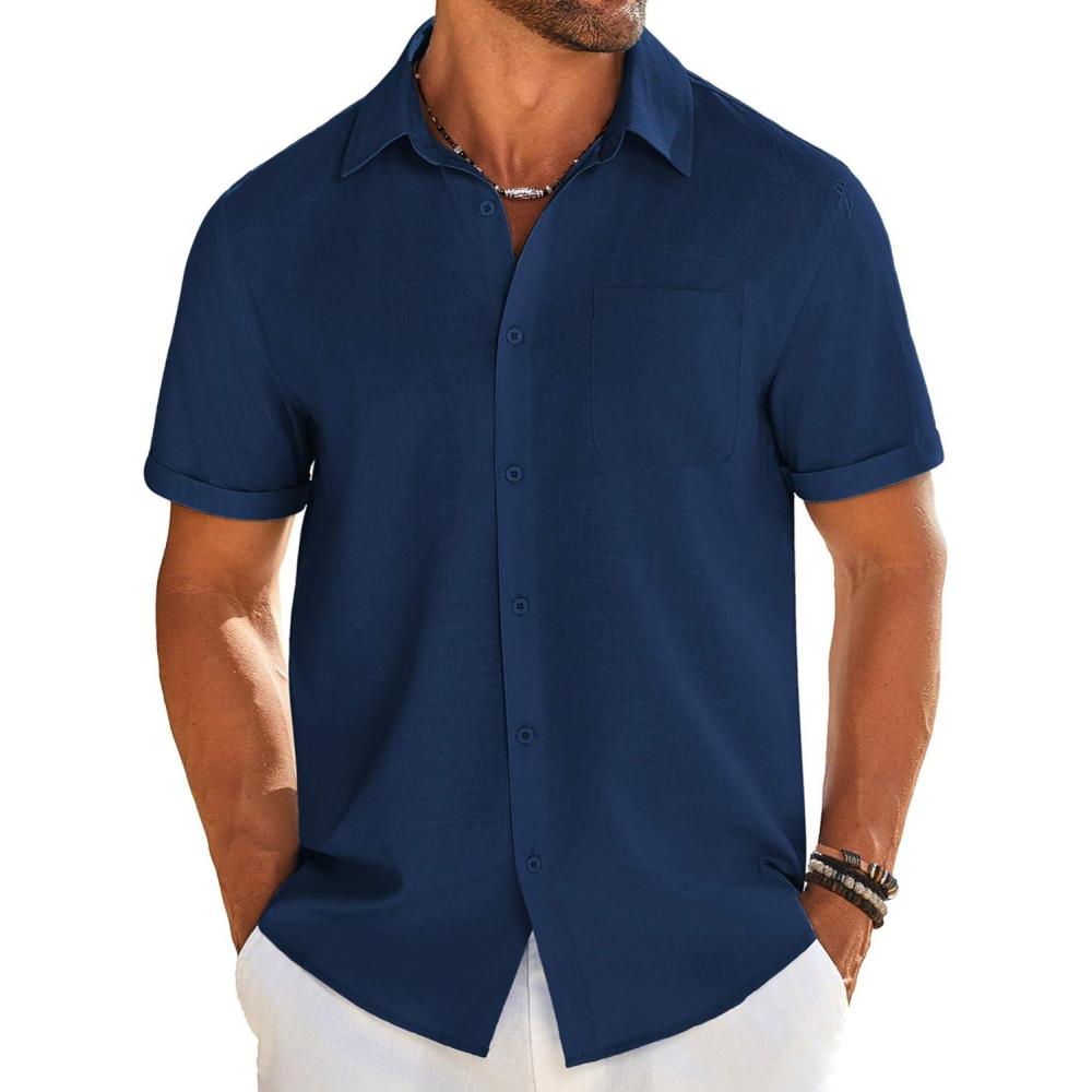 imageCOOFANDY Mens Casual Linen Shirt Short Sleeve Button Down Shirt Summer Beach Shirts with PocketNavy Blue