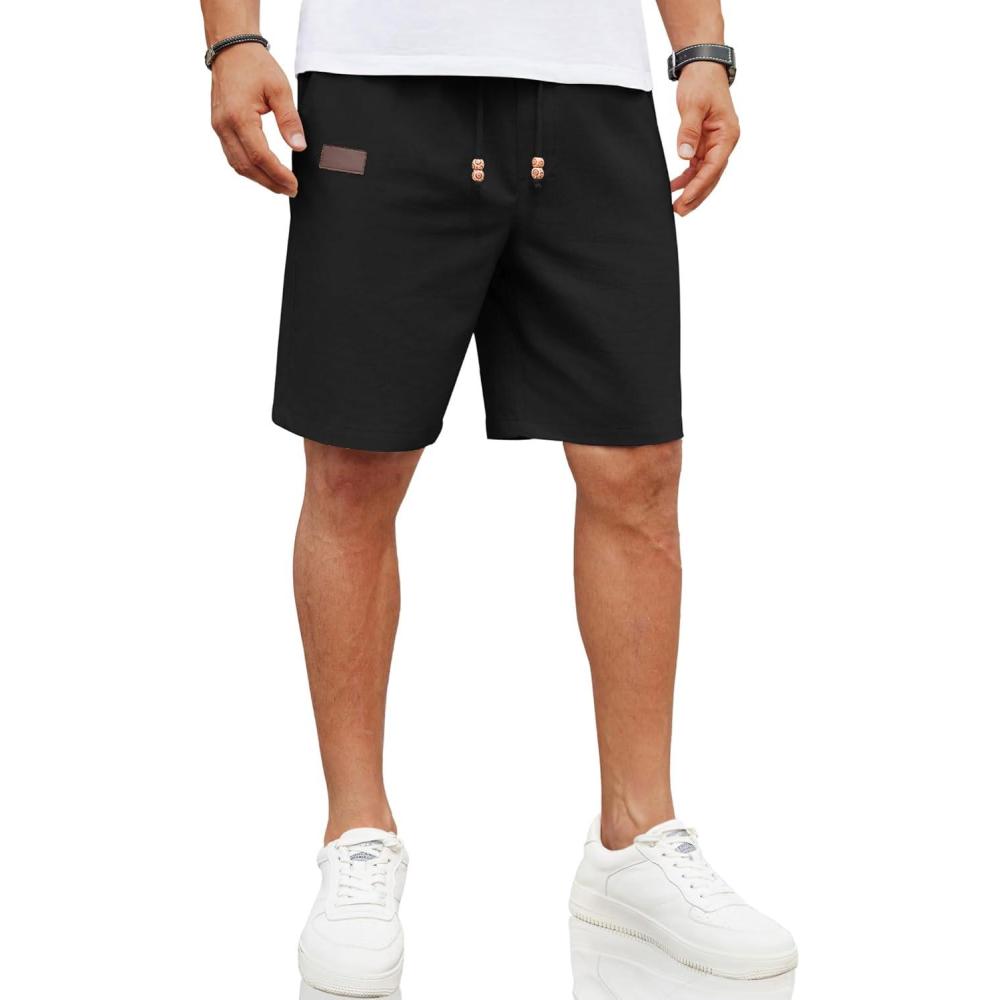imageCOOFANDY Mens Casual Linen Shorts Elastic Waist Drawstring Loose Fit Summer Beach Vacation Shorts with PocketsBlack
