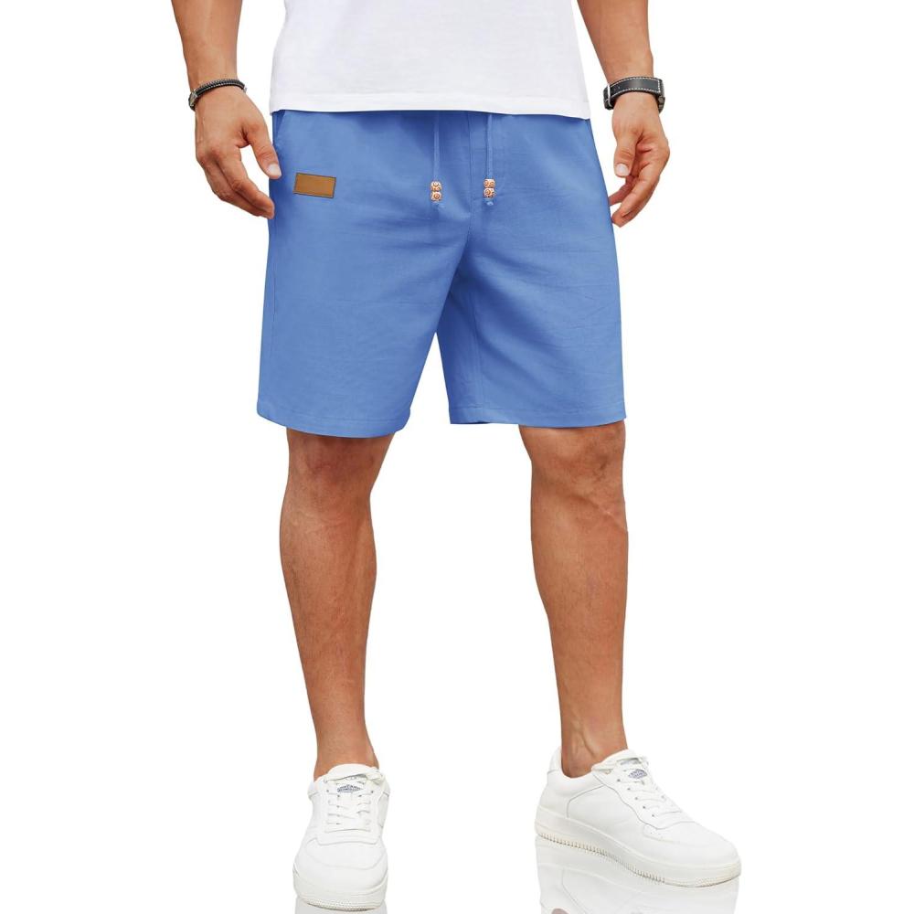 imageCOOFANDY Mens Casual Linen Shorts Elastic Waist Drawstring Loose Fit Summer Beach Vacation Shorts with PocketsBlue