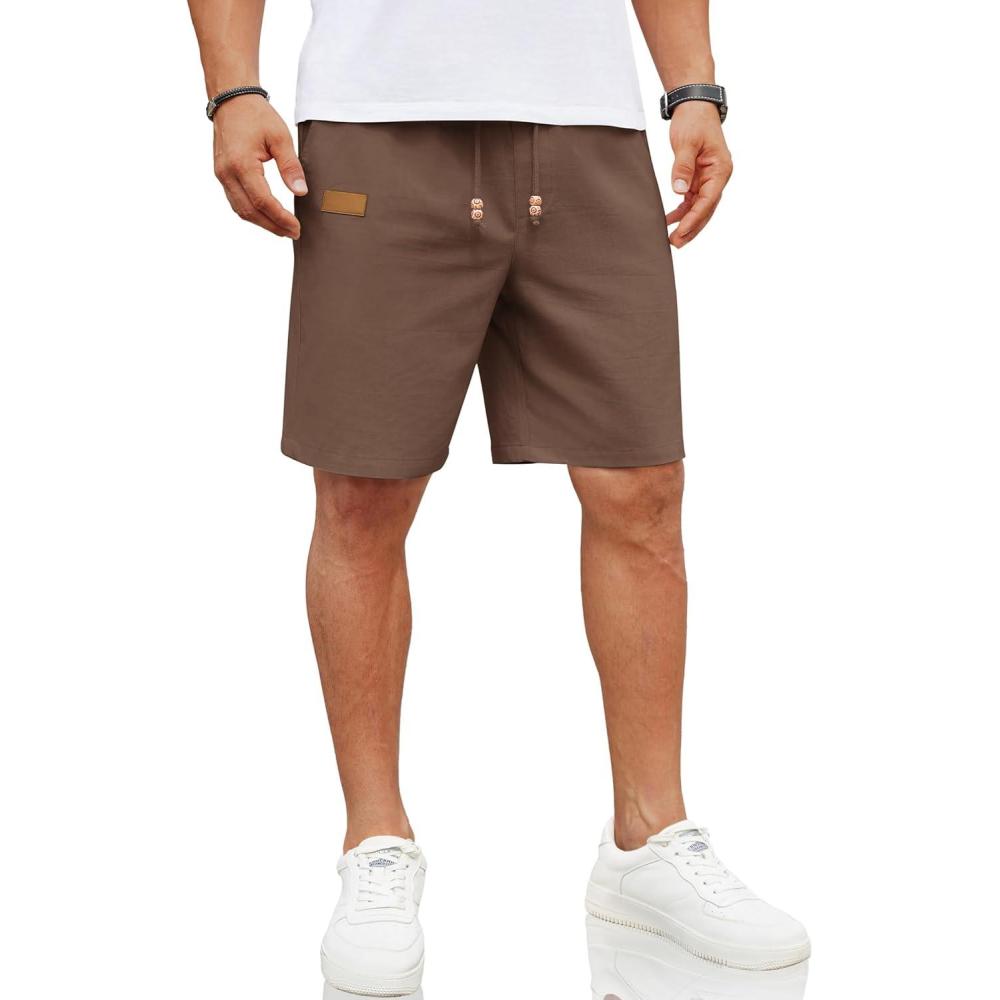 imageCOOFANDY Mens Casual Linen Shorts Elastic Waist Drawstring Loose Fit Summer Beach Vacation Shorts with PocketsBrown