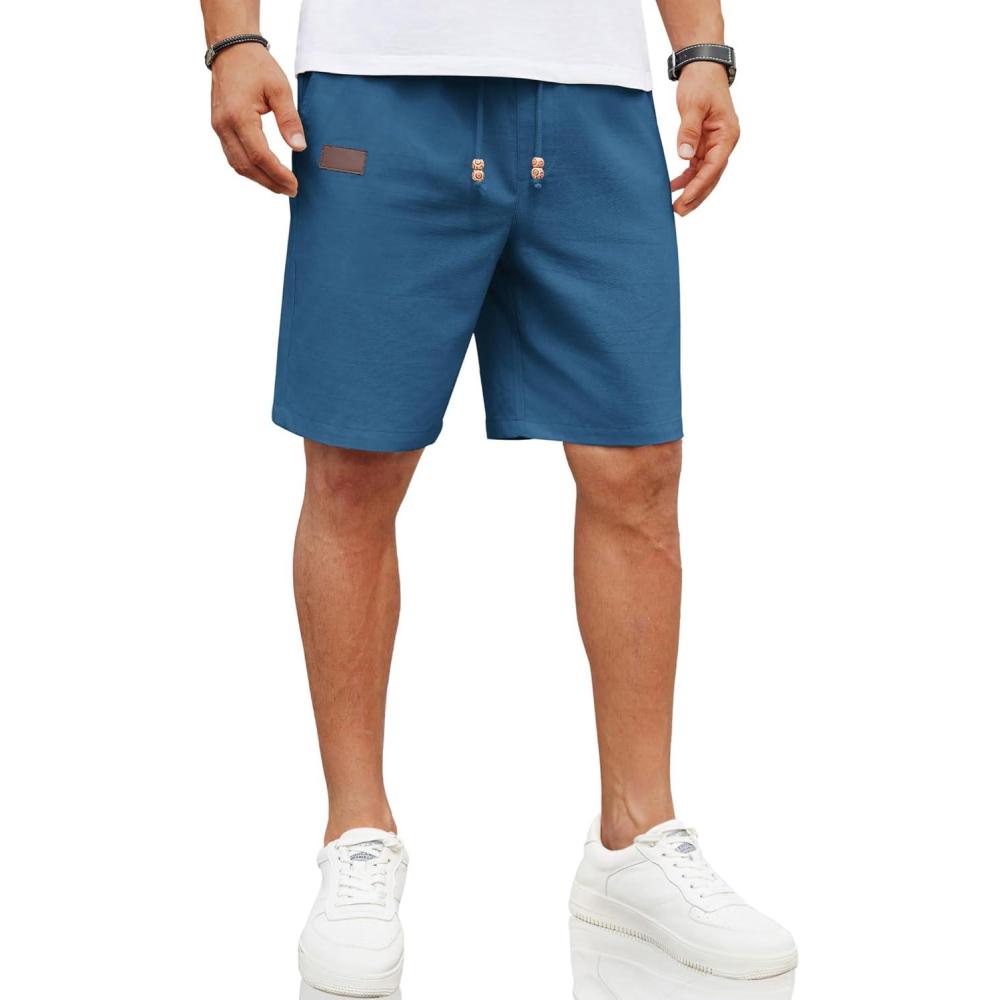 imageCOOFANDY Mens Casual Linen Shorts Elastic Waist Drawstring Loose Fit Summer Beach Vacation Shorts with PocketsDark Blue