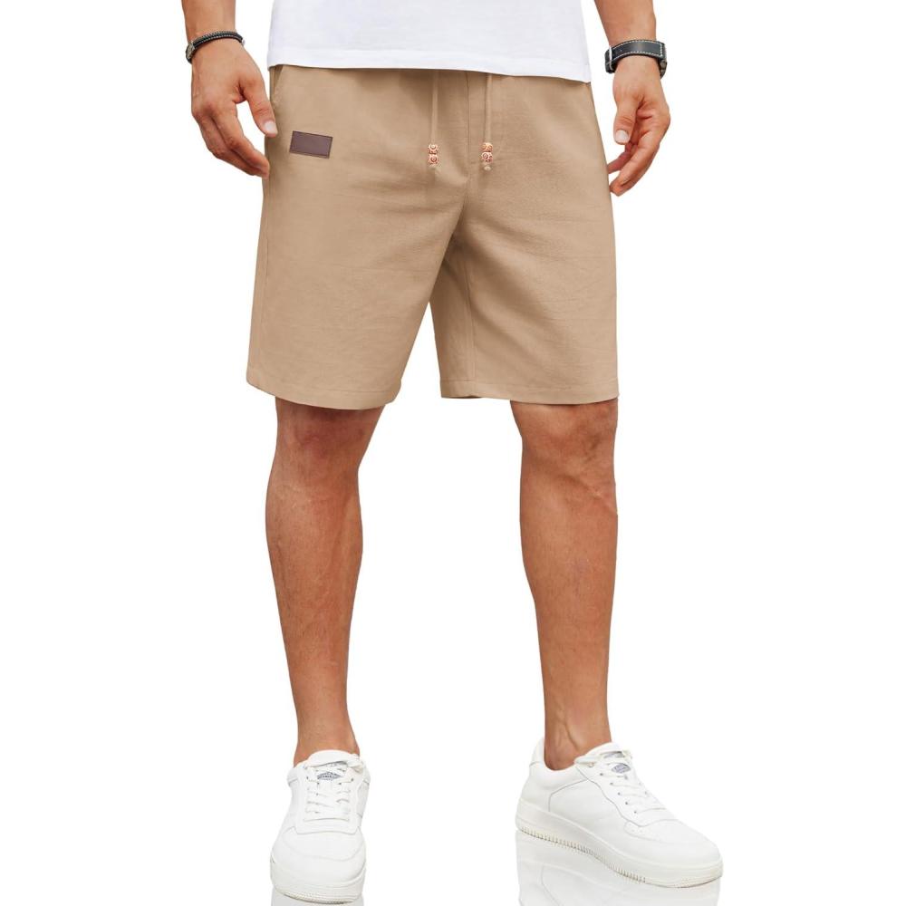 imageCOOFANDY Mens Casual Linen Shorts Elastic Waist Drawstring Loose Fit Summer Beach Vacation Shorts with PocketsDark Khaki