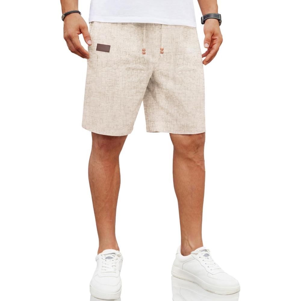 imageCOOFANDY Mens Casual Linen Shorts Elastic Waist Drawstring Loose Fit Summer Beach Vacation Shorts with PocketsKhaki