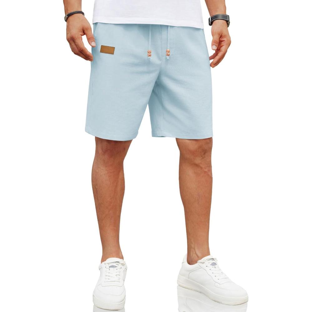 imageCOOFANDY Mens Casual Linen Shorts Elastic Waist Drawstring Loose Fit Summer Beach Vacation Shorts with PocketsLight Blue