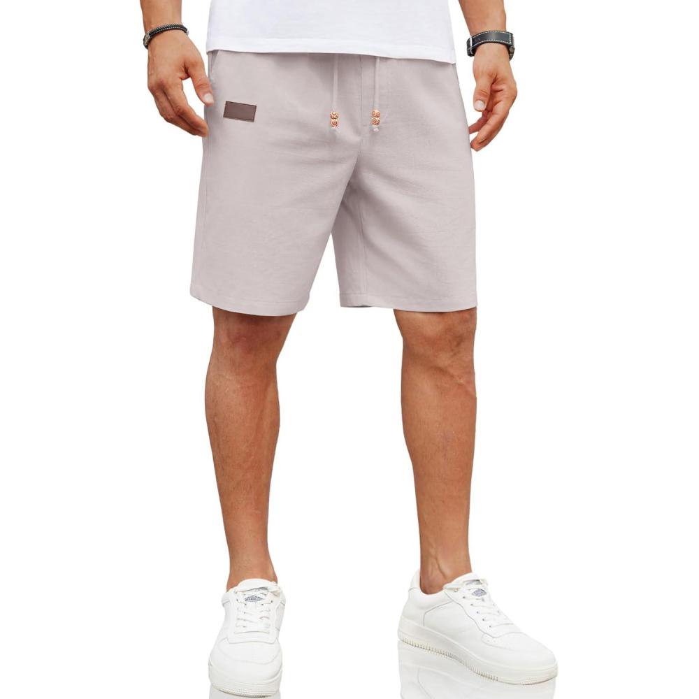imageCOOFANDY Mens Casual Linen Shorts Elastic Waist Drawstring Loose Fit Summer Beach Vacation Shorts with PocketsLight Grey