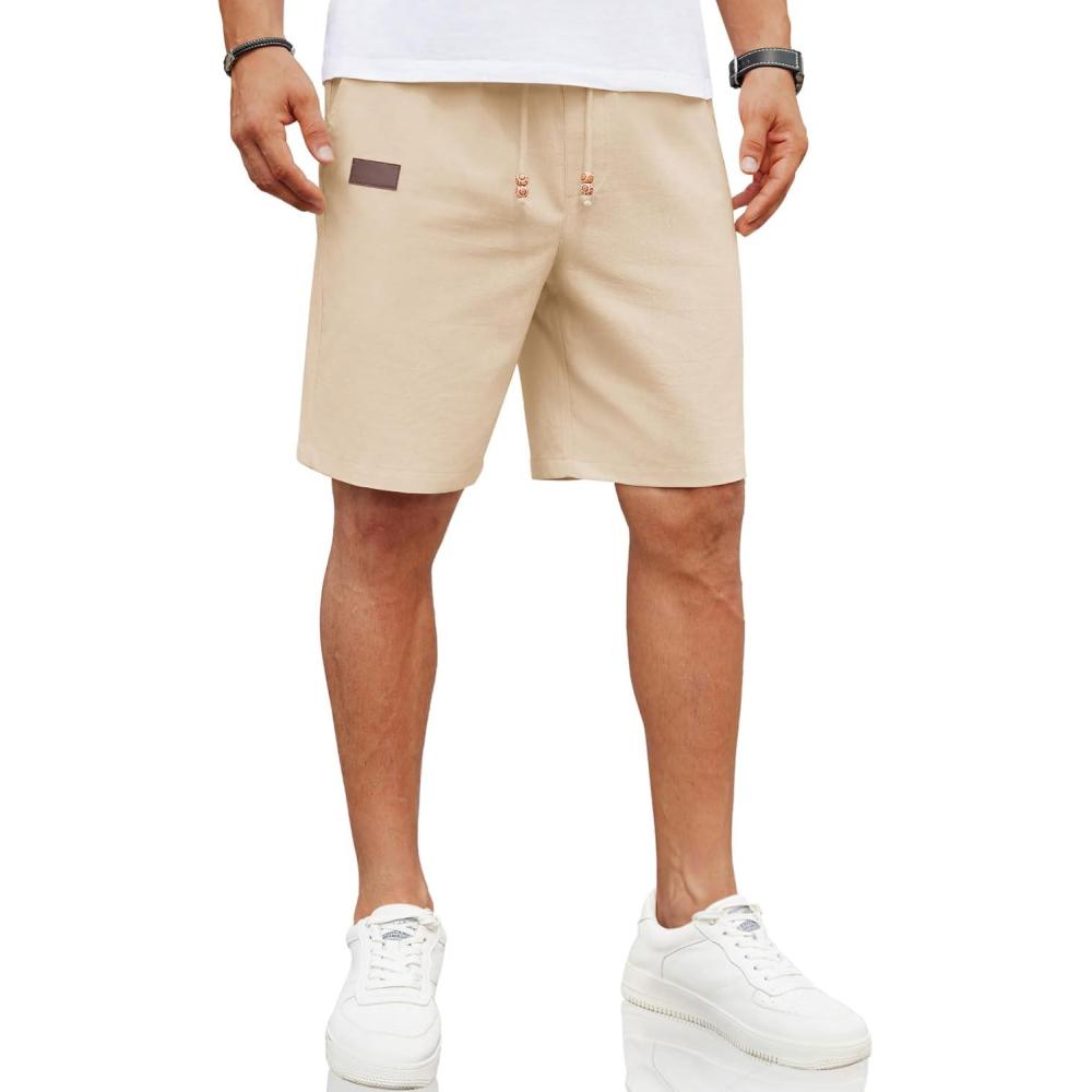 imageCOOFANDY Mens Casual Linen Shorts Elastic Waist Drawstring Loose Fit Summer Beach Vacation Shorts with PocketsLight Khaki
