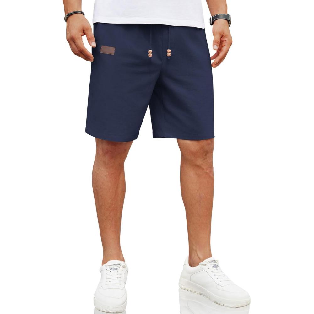 imageCOOFANDY Mens Casual Linen Shorts Elastic Waist Drawstring Loose Fit Summer Beach Vacation Shorts with PocketsNavy Blue