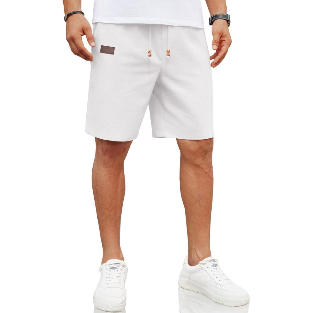 imageCOOFANDY Mens Casual Linen Shorts Elastic Waist Drawstring Loose Fit Summer Beach Vacation Shorts with PocketsWhite