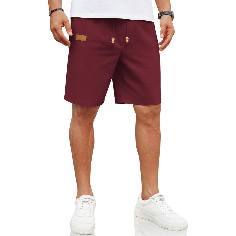 imageCOOFANDY Mens Casual Linen Shorts Elastic Waist Drawstring Loose Fit Summer Beach Vacation Shorts with PocketsWine Red