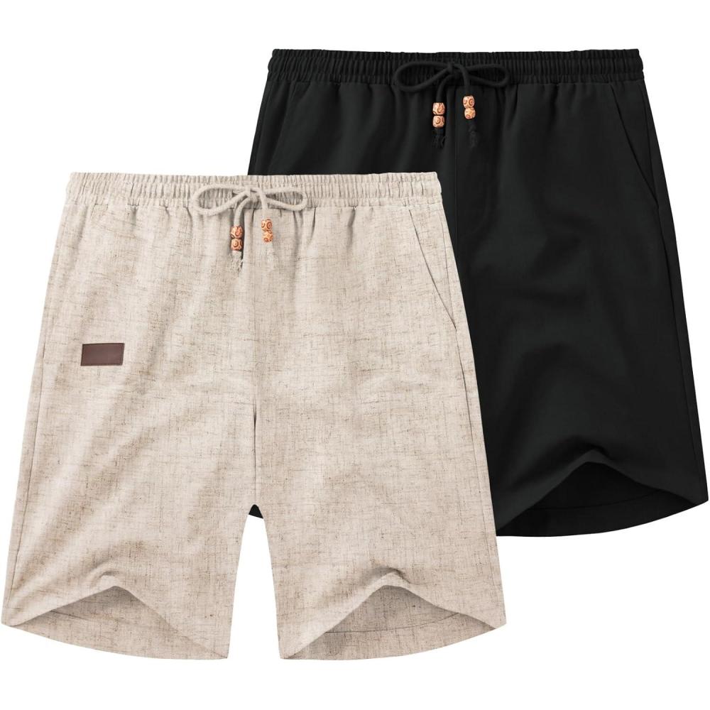 imageCOOFANDY Mens Casual Linen Shorts Elastic Waist Drawstring Loose Fit Summer Beach Vacation Shorts with PocketsZ KhakiBlack