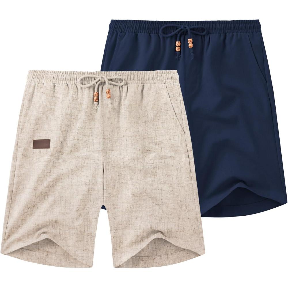 imageCOOFANDY Mens Casual Linen Shorts Elastic Waist Drawstring Loose Fit Summer Beach Vacation Shorts with PocketsZ KhakiNavy Blue