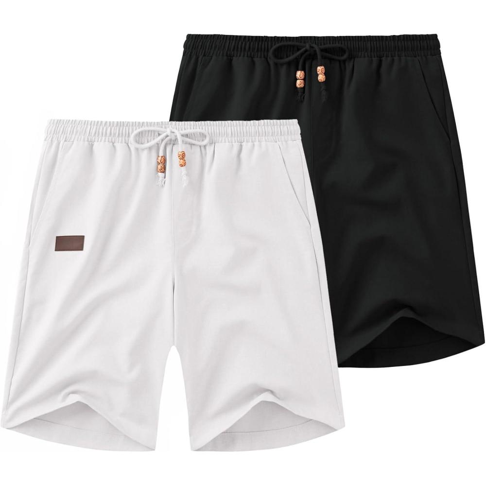 imageCOOFANDY Mens Casual Linen Shorts Elastic Waist Drawstring Loose Fit Summer Beach Vacation Shorts with PocketsZ WhiteBlack