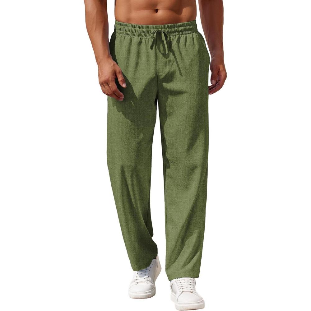 imageCOOFANDY Mens Casual Pants Drawstring Elastic Waist Pants Linen Summer Beach PantsArmy Green
