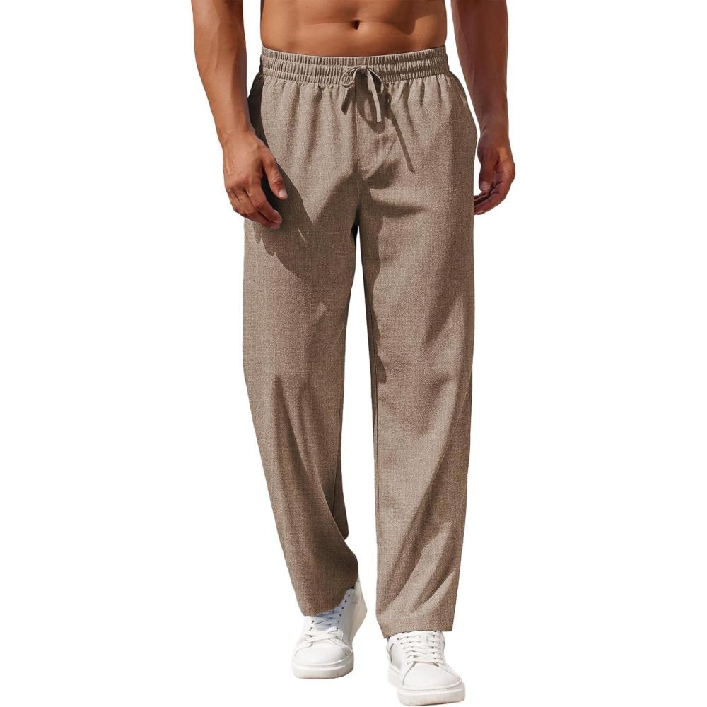 imageCOOFANDY Mens Casual Pants Drawstring Elastic Waist Pants Linen Summer Beach PantsBrown