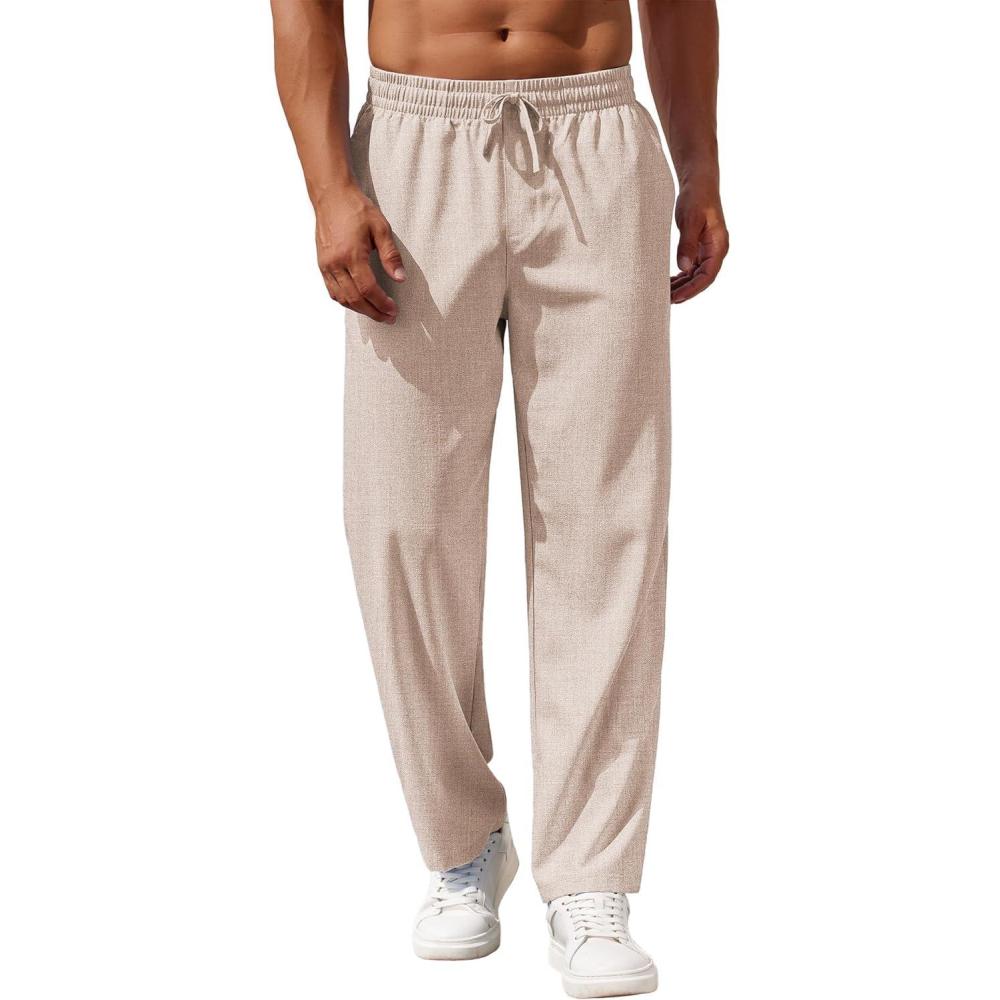 imageCOOFANDY Mens Casual Pants Drawstring Elastic Waist Pants Linen Summer Beach PantsKhaki