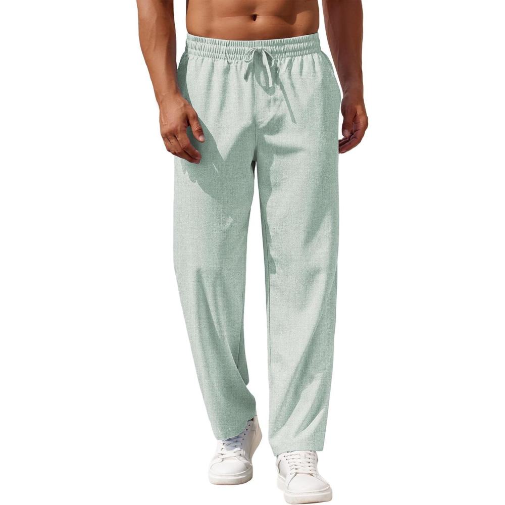 imageCOOFANDY Mens Casual Pants Drawstring Elastic Waist Pants Linen Summer Beach PantsLight Green