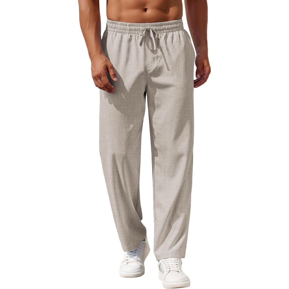imageCOOFANDY Mens Casual Pants Drawstring Elastic Waist Pants Linen Summer Beach PantsLight Grey