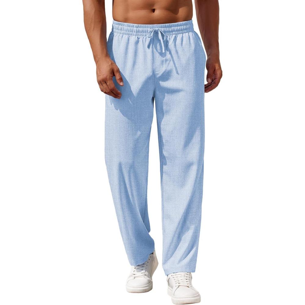 imageCOOFANDY Mens Casual Pants Drawstring Elastic Waist Pants Linen Summer Beach PantsSky Blue