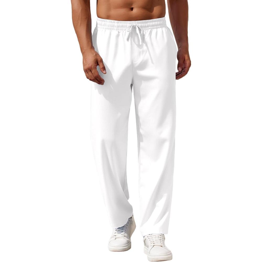 imageCOOFANDY Mens Casual Pants Drawstring Elastic Waist Pants Linen Summer Beach PantsWhite