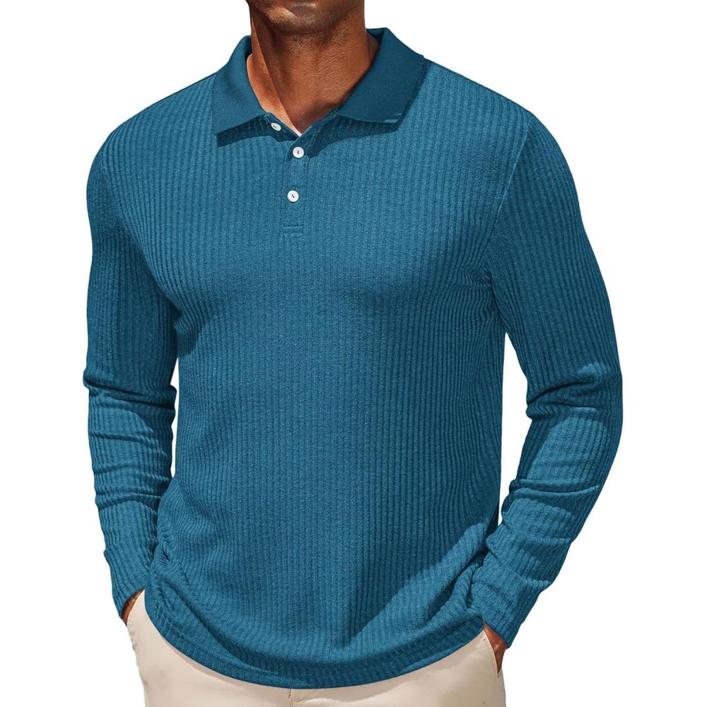 imageCOOFANDY Mens Casual Polo Shirts Long Sleeve Textured Knit Tee Shirt Wrok TshirtsBlue