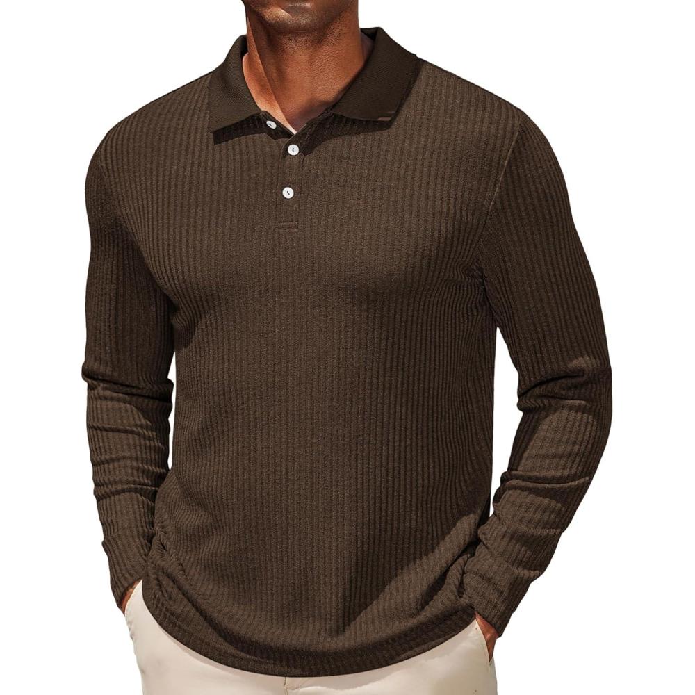 imageCOOFANDY Mens Casual Polo Shirts Long Sleeve Textured Knit Tee Shirt Wrok TshirtsCoffee