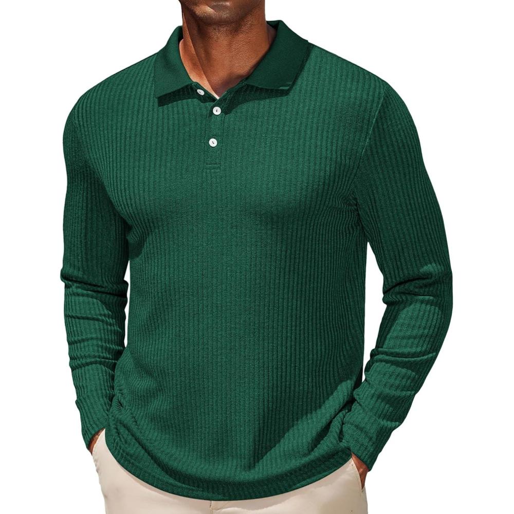 imageCOOFANDY Mens Casual Polo Shirts Long Sleeve Textured Knit Tee Shirt Wrok TshirtsDark Green