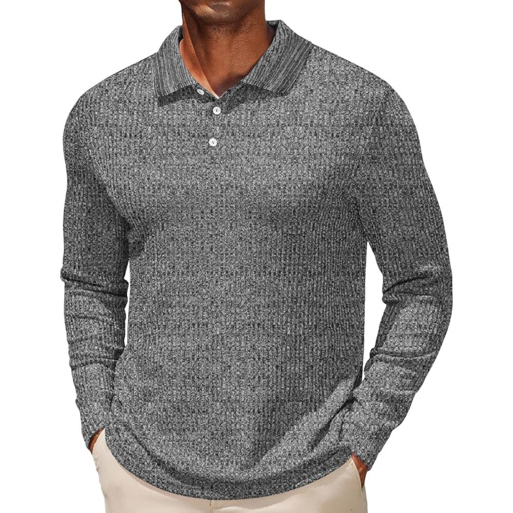 imageCOOFANDY Mens Casual Polo Shirts Long Sleeve Textured Knit Tee Shirt Wrok TshirtsDark Grey