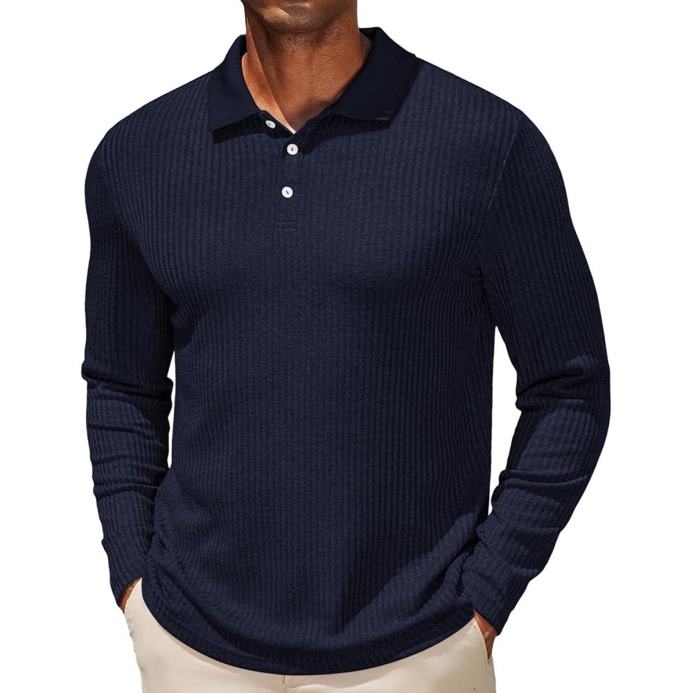 imageCOOFANDY Mens Casual Polo Shirts Long Sleeve Textured Knit Tee Shirt Wrok TshirtsNavy Blue