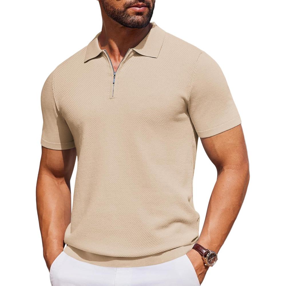 imageCOOFANDY Mens Casual Quarter Zipper Knit Polo Shirts Short Sleeve Summer Beach Shirt Textured Jersey TopsBeige