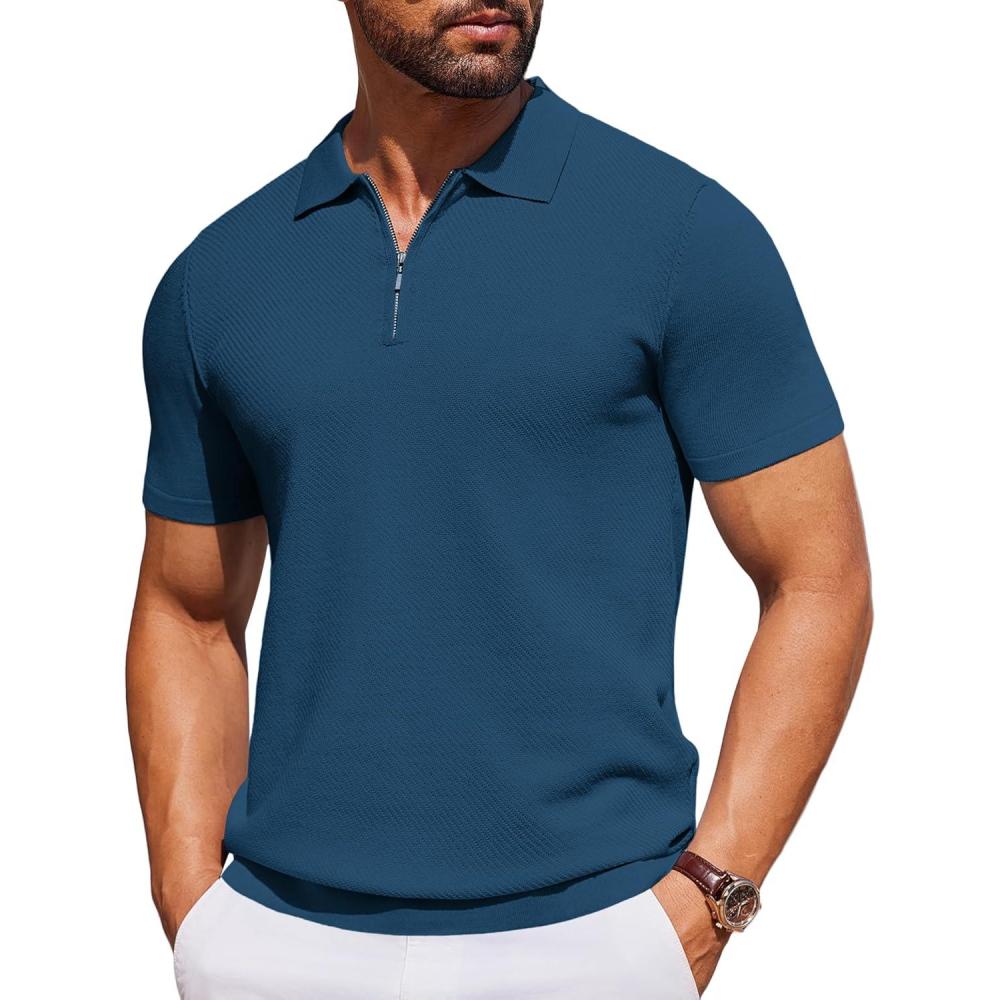 imageCOOFANDY Mens Casual Quarter Zipper Knit Polo Shirts Short Sleeve Summer Beach Shirt Textured Jersey TopsBlue
