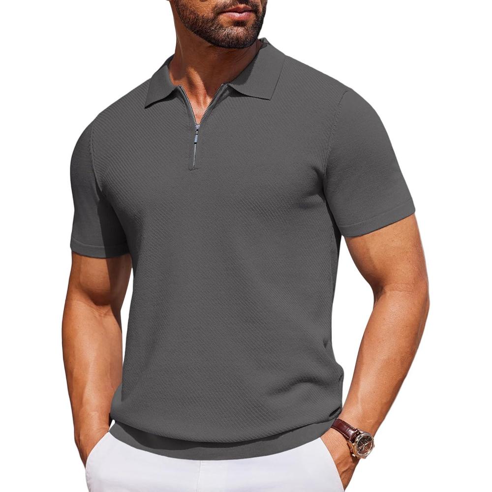 imageCOOFANDY Mens Casual Quarter Zipper Knit Polo Shirts Short Sleeve Summer Beach Shirt Textured Jersey TopsDark Grey