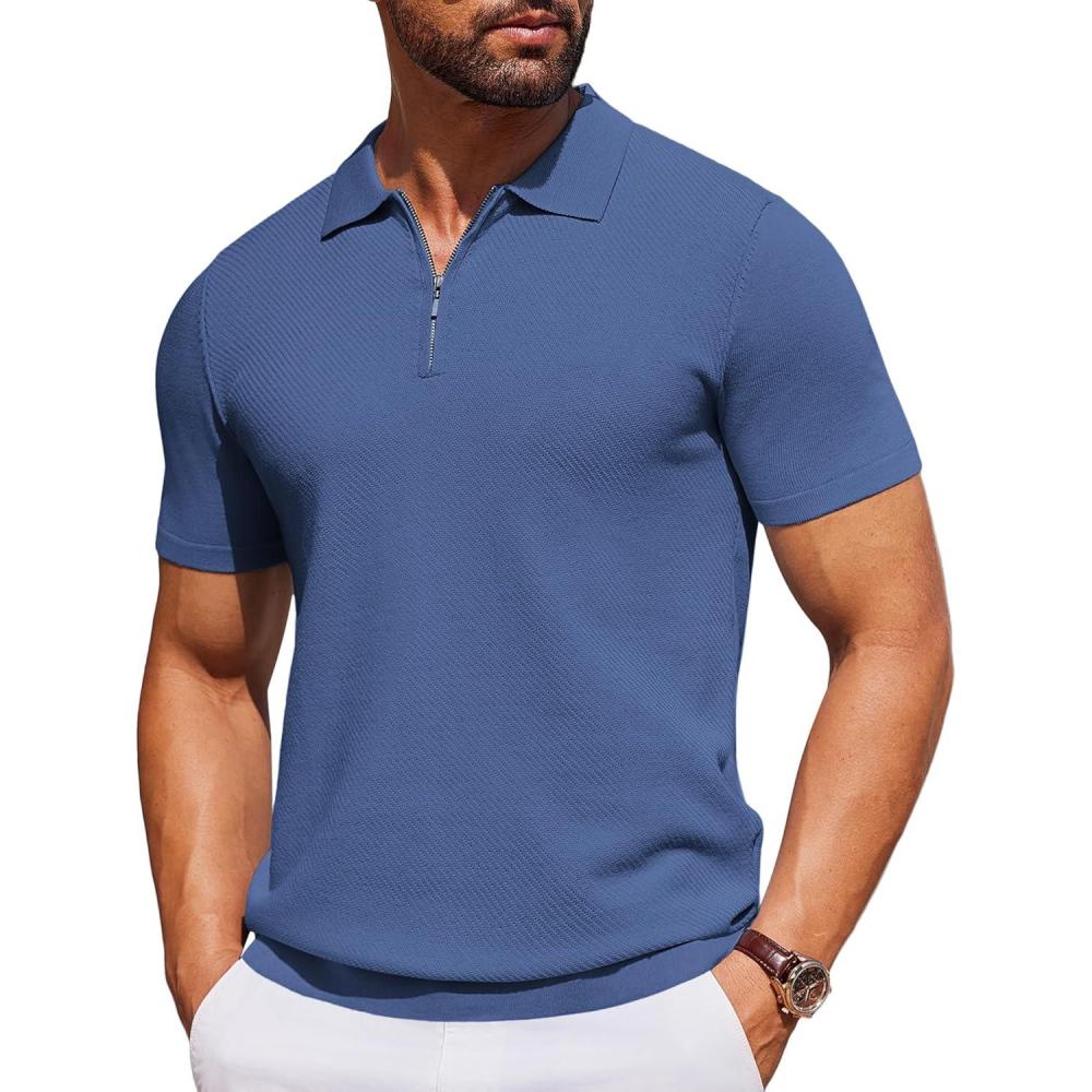 imageCOOFANDY Mens Casual Quarter Zipper Knit Polo Shirts Short Sleeve Summer Beach Shirt Textured Jersey TopsDenim Blue
