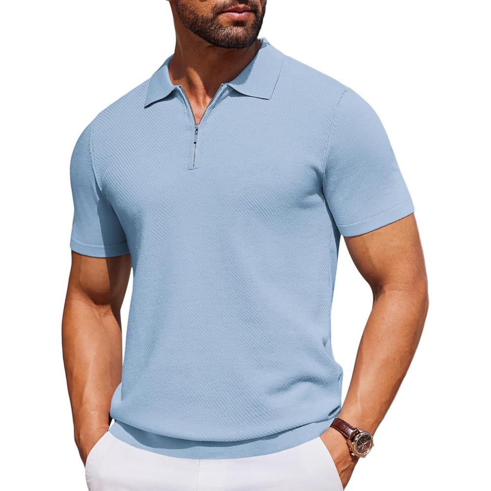 imageCOOFANDY Mens Casual Quarter Zipper Knit Polo Shirts Short Sleeve Summer Beach Shirt Textured Jersey TopsLight Blue