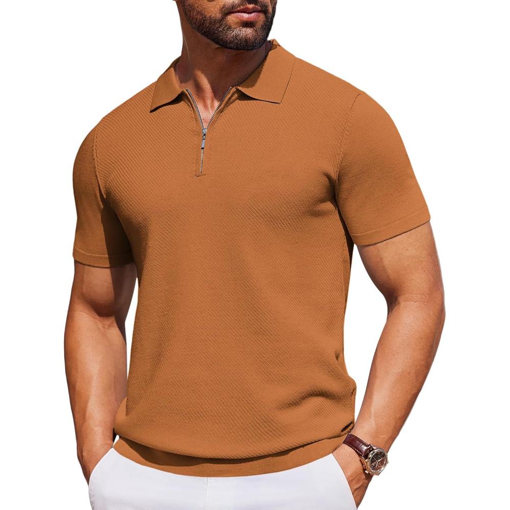 imageCOOFANDY Mens Casual Quarter Zipper Knit Polo Shirts Short Sleeve Summer Beach Shirt Textured Jersey TopsLight Brown