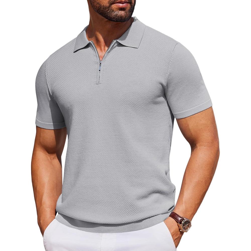 imageCOOFANDY Mens Casual Quarter Zipper Knit Polo Shirts Short Sleeve Summer Beach Shirt Textured Jersey TopsLight Grey