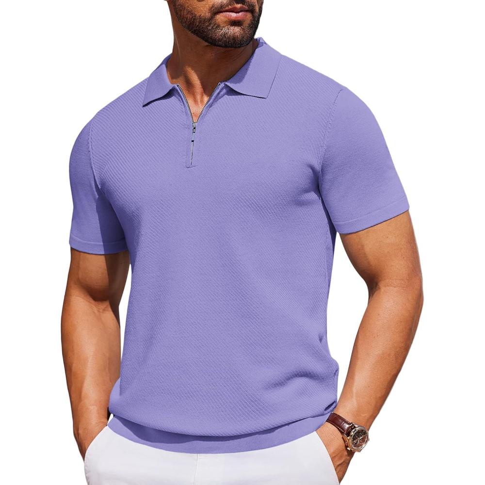 imageCOOFANDY Mens Casual Quarter Zipper Knit Polo Shirts Short Sleeve Summer Beach Shirt Textured Jersey TopsLilac