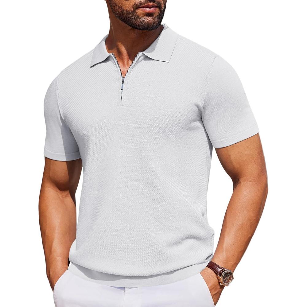 imageCOOFANDY Mens Casual Quarter Zipper Knit Polo Shirts Short Sleeve Summer Beach Shirt Textured Jersey TopsWhite