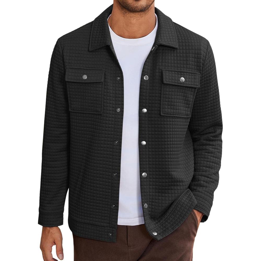 imageCOOFANDY Mens Casual Shirt Jacket Button Down Waffle Jacket Long Sleeve Sweater Jackets Quilted Shacket OvershirtBlack