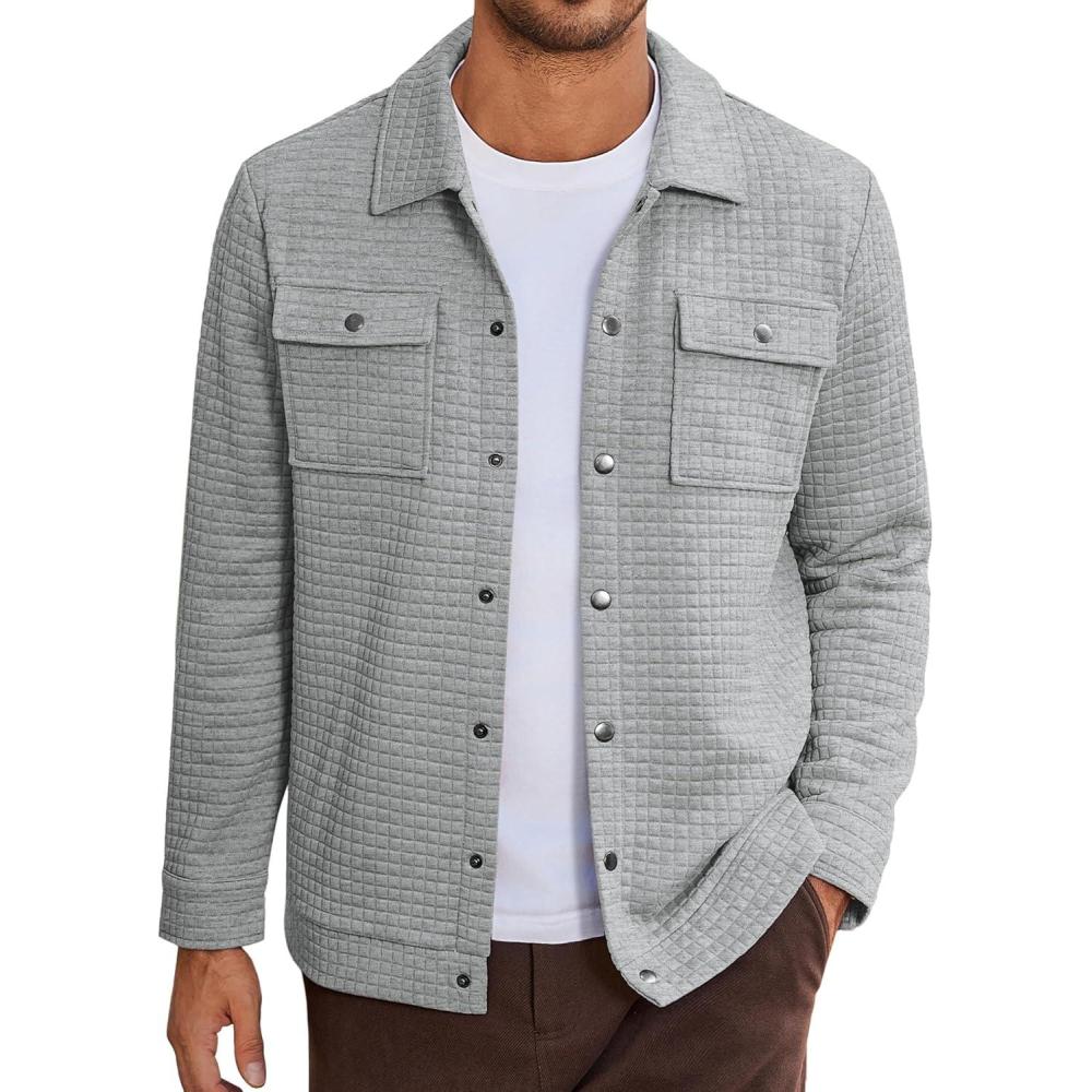 imageCOOFANDY Mens Casual Shirt Jacket Button Down Waffle Jacket Long Sleeve Sweater Jackets Quilted Shacket OvershirtLight Grey