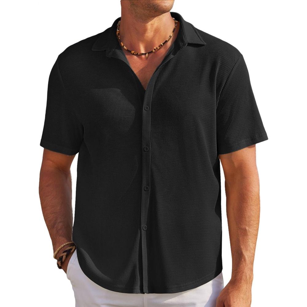 imageCOOFANDY Mens Casual Shirts Short Sleeve Waffle Knit Button Down Shirt Wrinkle Free Summer Beach TopsBlack