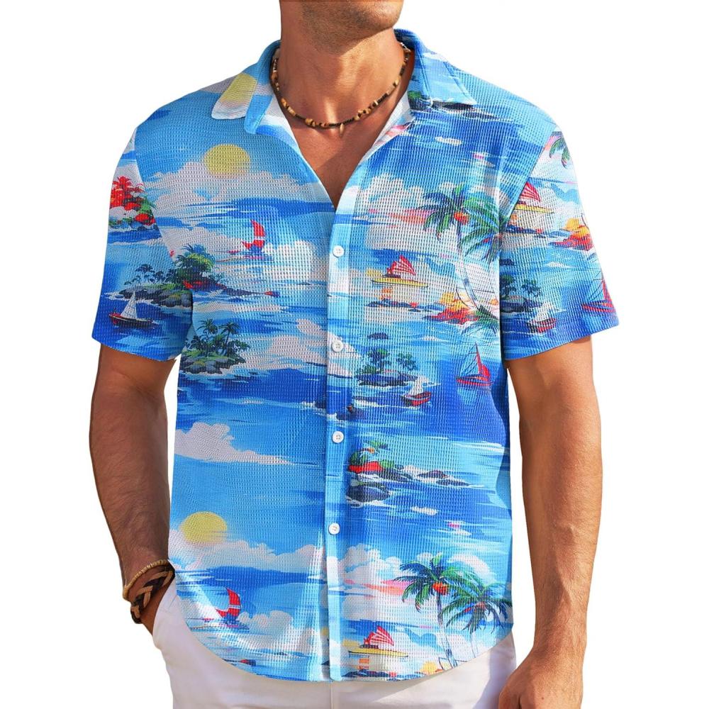 imageCOOFANDY Mens Casual Shirts Short Sleeve Waffle Knit Button Down Shirt Wrinkle Free Summer Beach TopsCoconut Palm Blue