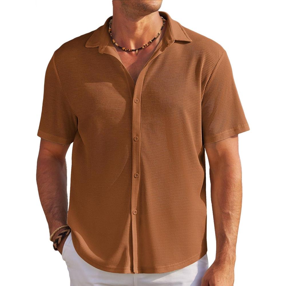 imageCOOFANDY Mens Casual Shirts Short Sleeve Waffle Knit Button Down Shirt Wrinkle Free Summer Beach TopsLight Brown