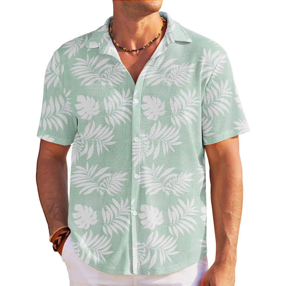 imageCOOFANDY Mens Casual Shirts Short Sleeve Waffle Knit Button Down Shirt Wrinkle Free Summer Beach TopsPalm Leaf Green