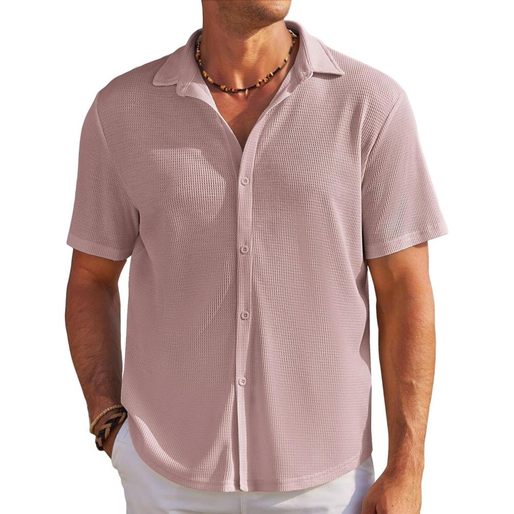 imageCOOFANDY Mens Casual Shirts Short Sleeve Waffle Knit Button Down Shirt Wrinkle Free Summer Beach TopsPink