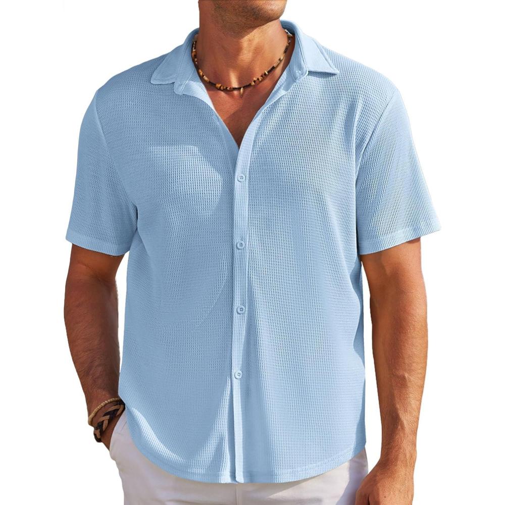imageCOOFANDY Mens Casual Shirts Short Sleeve Waffle Knit Button Down Shirt Wrinkle Free Summer Beach TopsSky Blue