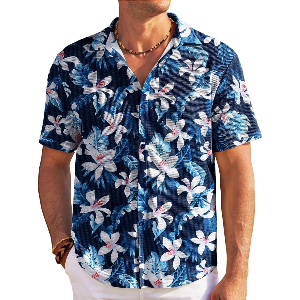 imageCOOFANDY Mens Casual Shirts Short Sleeve Waffle Knit Button Down Shirt Wrinkle Free Summer Beach TopsWhite Flowers Navy